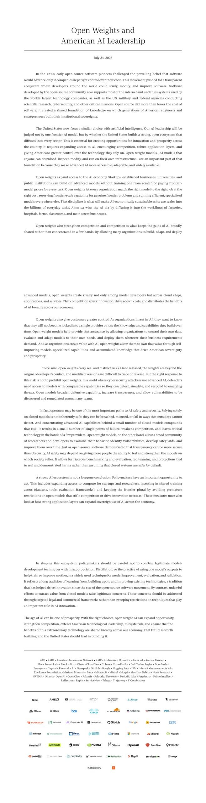 "Open Weights and American AI Leadership" - A Letter by Jensen Huang, CEO and cofounder, Nvidia
